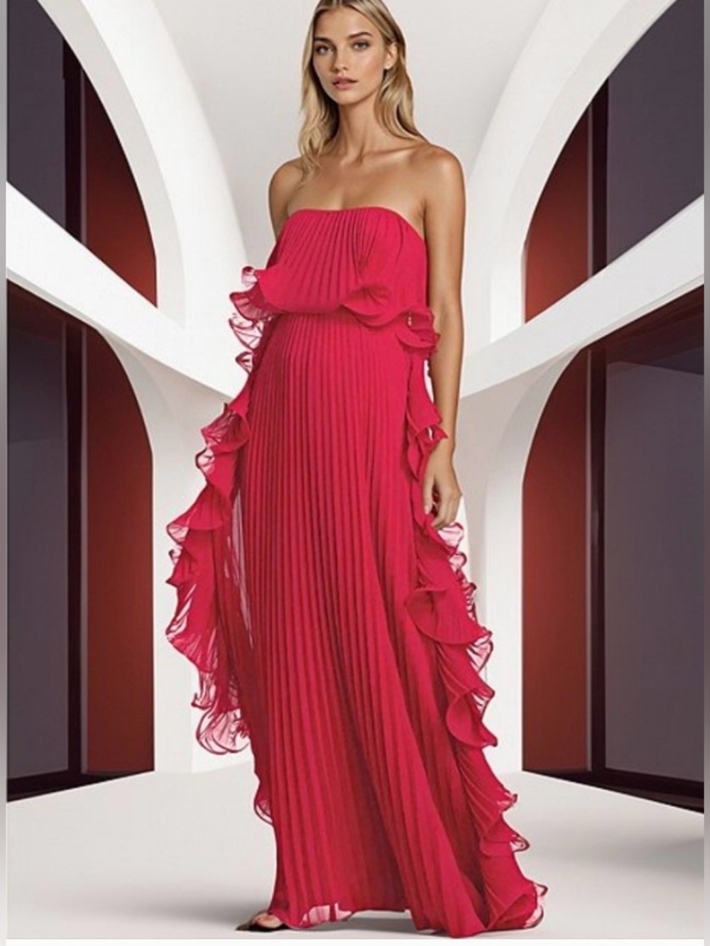 Badgley Mischka dark red Pleated Ruffle Gown size 16.